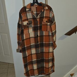 Plaid Longline Jacket - Brown/Burnt Orange/Cream
